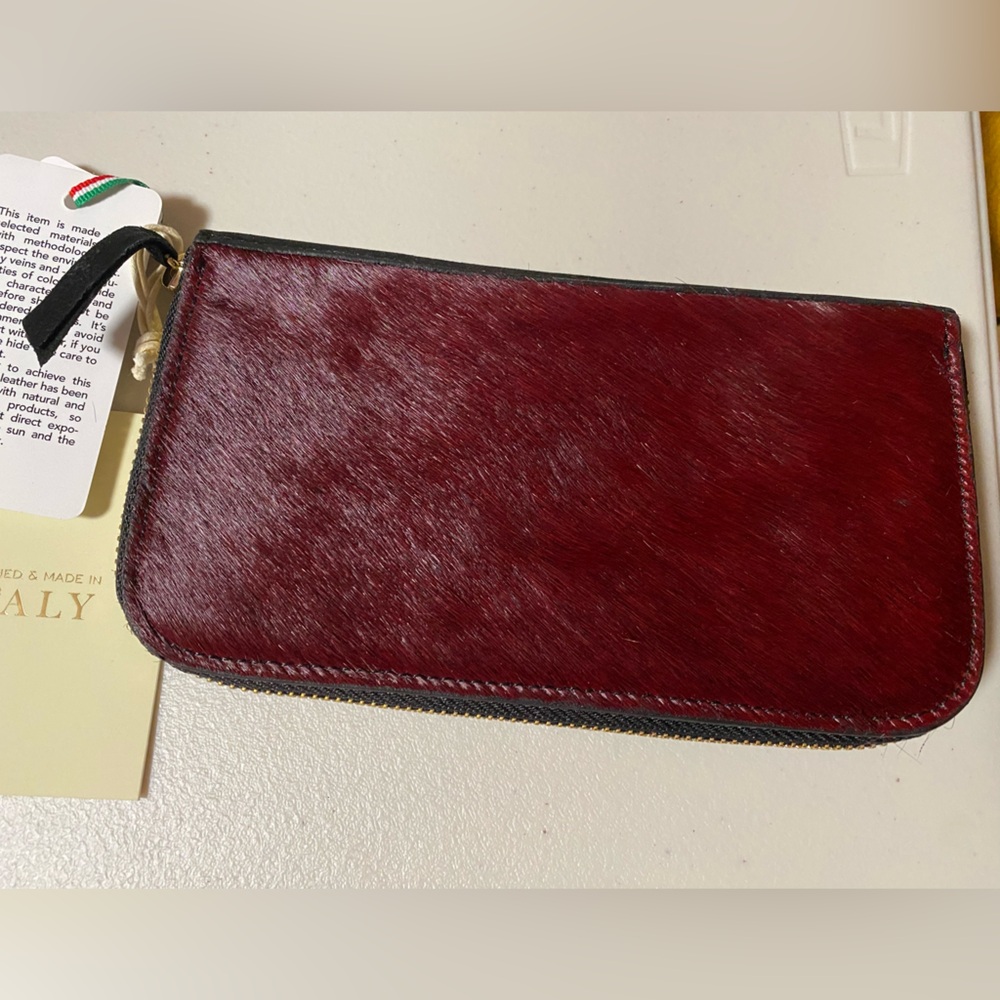 New Burgundy Fur  Leather Wallet Designed & Made In Italy